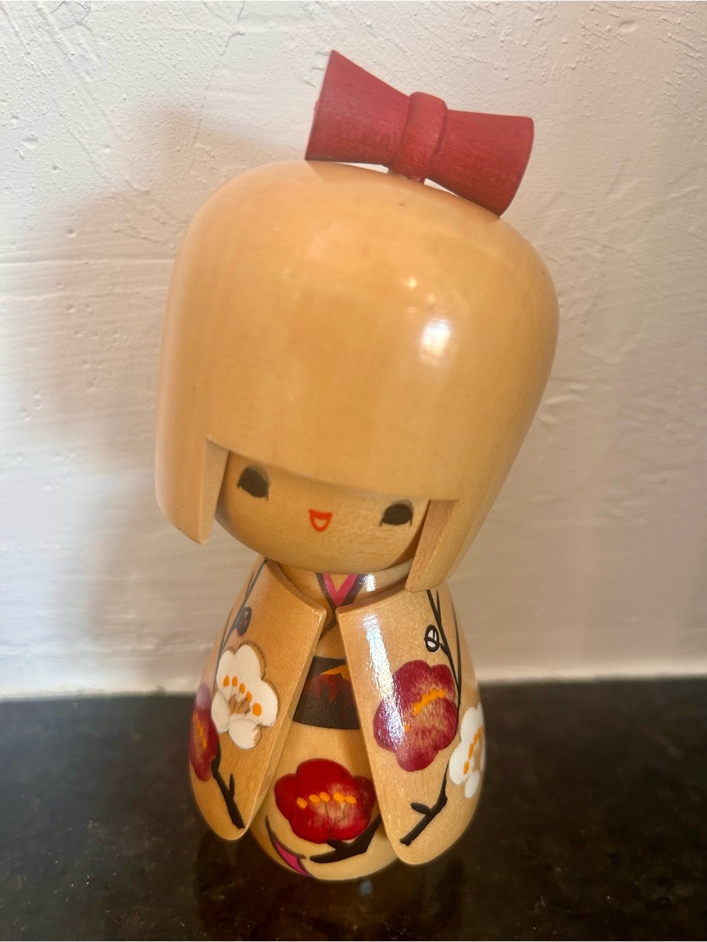 Vintage Japanese Sosaku Kokeshi Doll Signed Wood Figurine Red Bow Plum Blossom